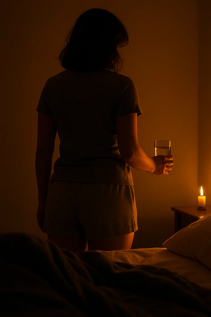 Anaya in shorts and a shirt nightdress, carrying water into Ishan’s softly lit room illuminated by candles.