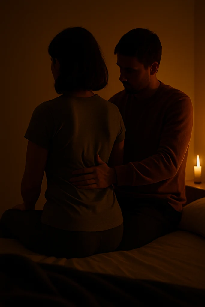 Anaya sitting close to Ishan in a warm, candlelit room, while he gently touches her back in an intimate moment.