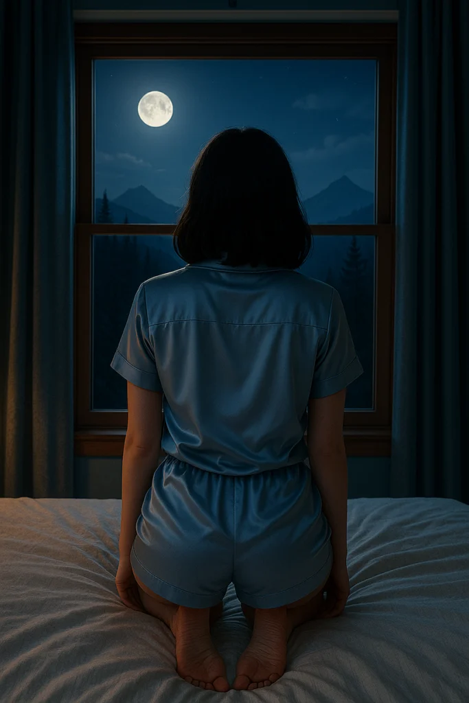 Anaya seated on the bed with her back exposed, showcasing her silhouette as she looks out the window at the beautiful night view, waiting for Ishan.