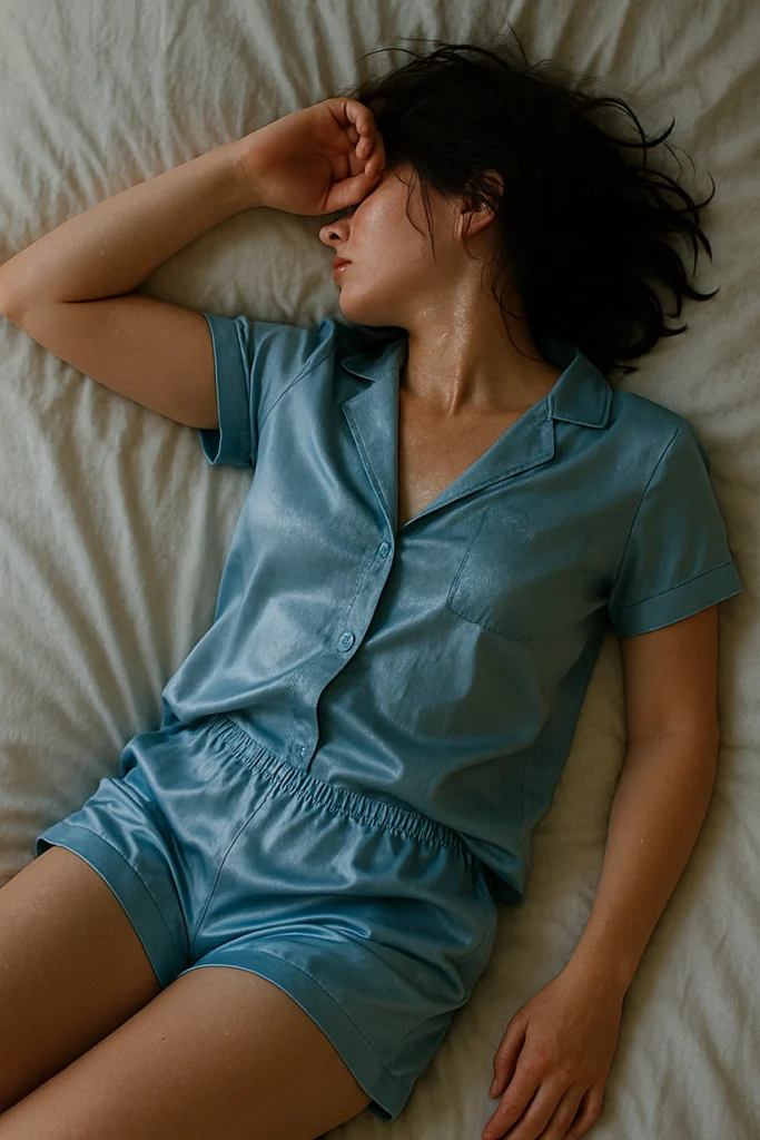 Anaya lying on the bed at night, tired and sweaty, resting after an intense, passionate moment.