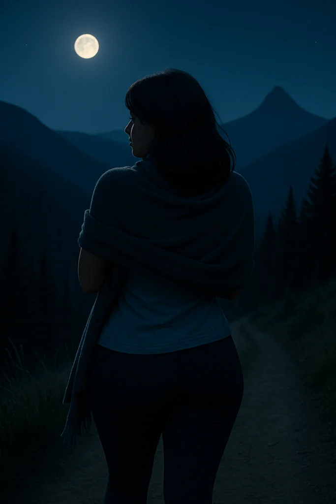 Anaya hiking a trail at dusk, looking radiant and alluring as the evening light casts a soft glow.