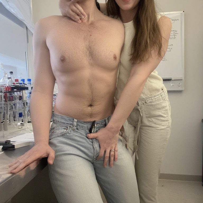 In a science lab, a girlfriend teases her boyfriend with a playful touch, sharing a fun and flirty moment
